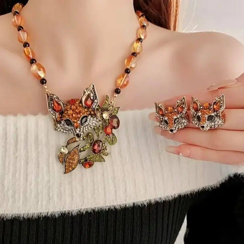 Bohemian Fox Rhinestone Crystal Statement Necklace & Earring Set
